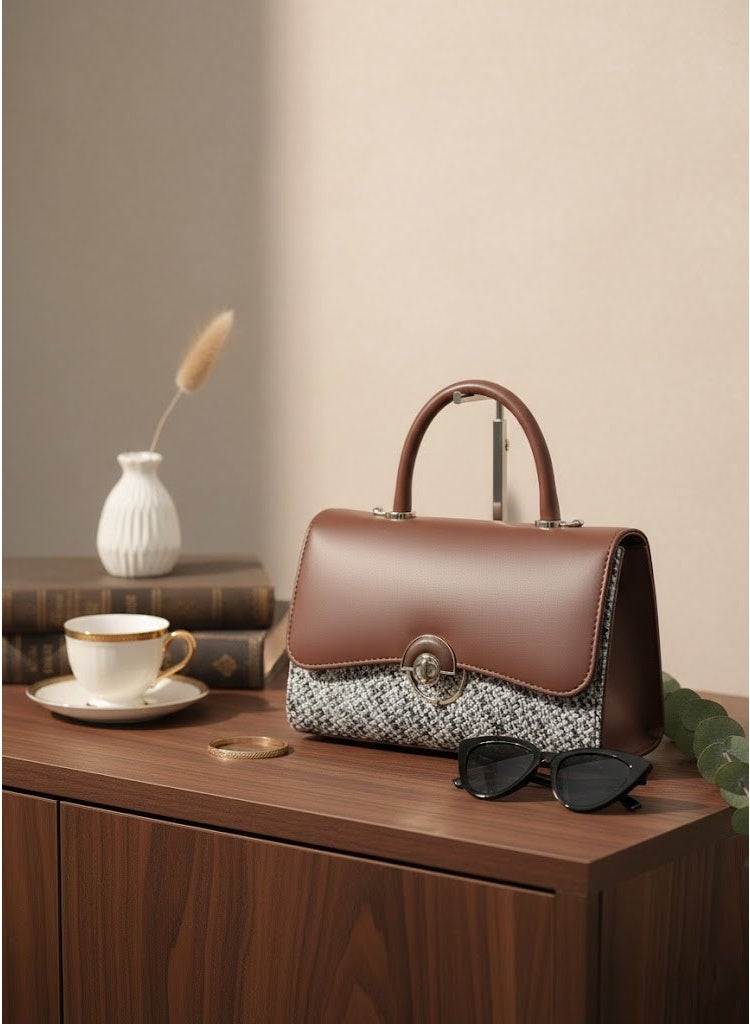 FUMES Mud brown Women’s Handbag – Smooth Finish with Patterned Fabric Panel, Structured Top Handle & Chain Strap, Elegant Office & Evening Bag - Image 4